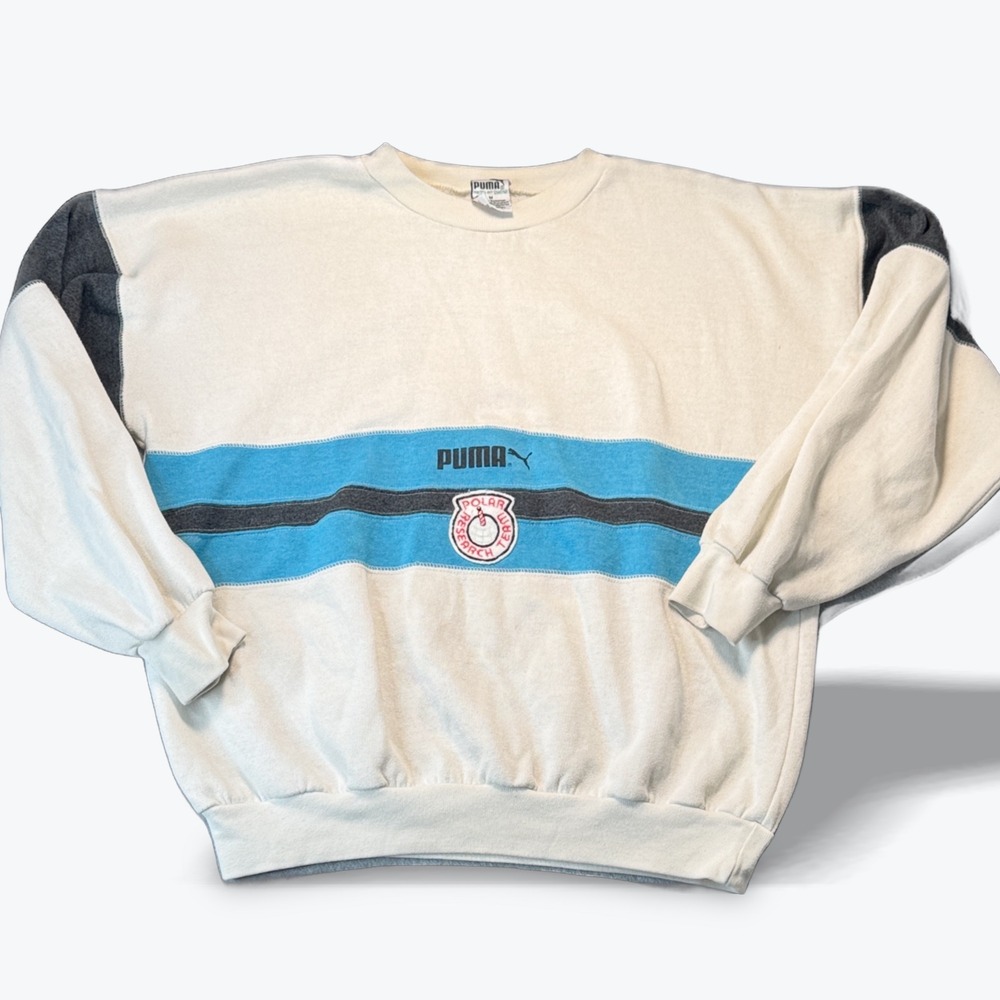 1980s Puma Polar Research Team Sweatshirt Double Sided VTG Graphics Cream Medium